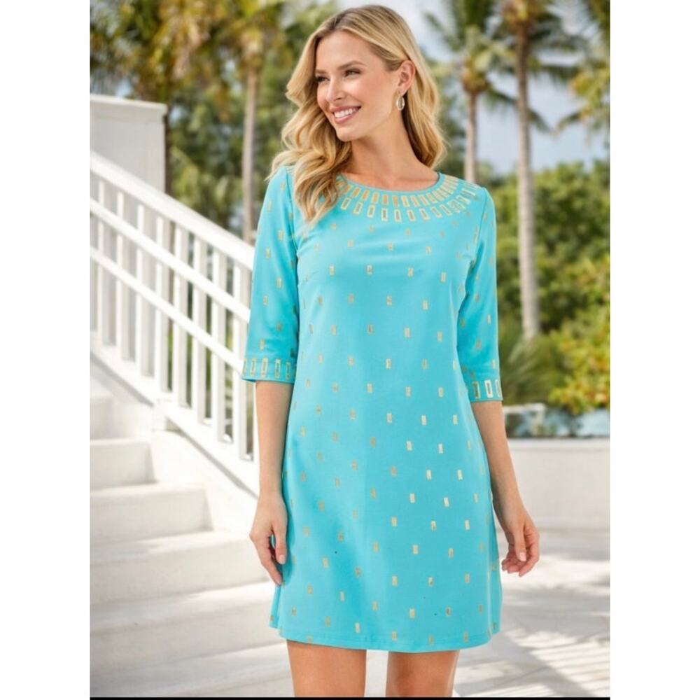Gretchen Scott Turquoise Gold Shift Dress Embellished Neckline Comfort Resort S